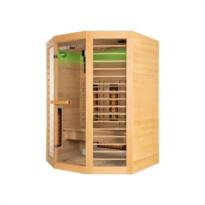 Redsun Deluxe Infrarotkabine XL aus Tannenholz mit Glasfront und Innenleben.