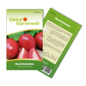 Samenpackung Buschtomate Roma mit roten, ovalen Tomaten. Gemüsesamen für ertragreiche Pflanzen.