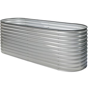 Silbernes Westmann Hochbeet Oval aus Metall, 240x80x82 cm, ideal für Garten, Terrasse oder Balkon.