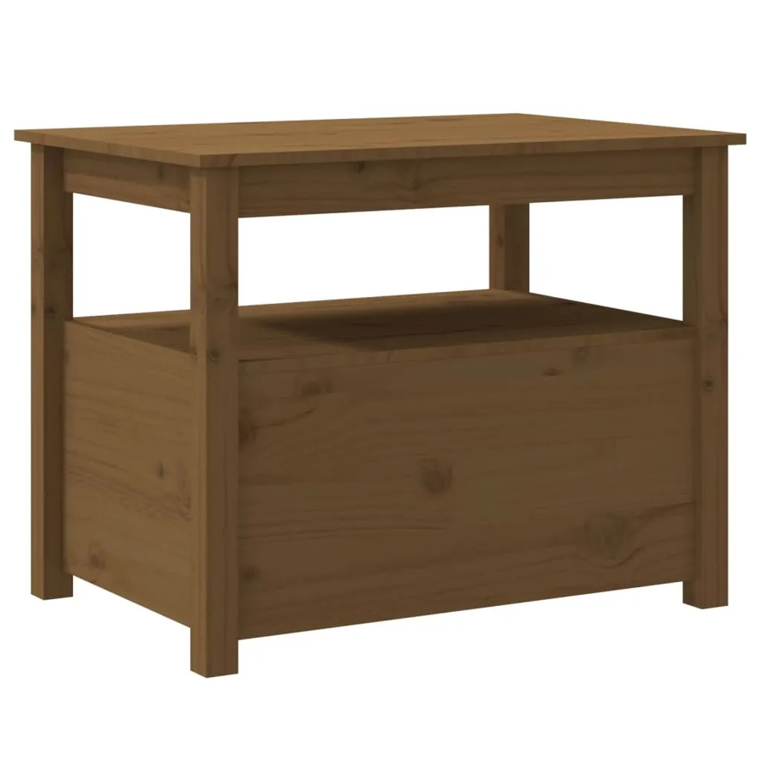 Honigbrauner Couchtisch aus Kiefernholz mit Schubladen und Ablage, 71x49x55 cm.