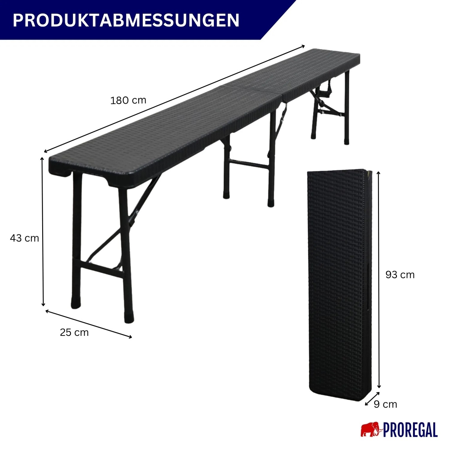 CHEFGASTRO Bierzeltgarnitur, 180cm, Rattan Optik, geklappt und aufgebaut mit Maßangaben.