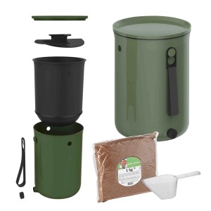 Skaza Küchenkomposter Bokashi Organko Starterset in Olivegrün, mit Behälter, Deckel, Pumpe und EM-Streu.