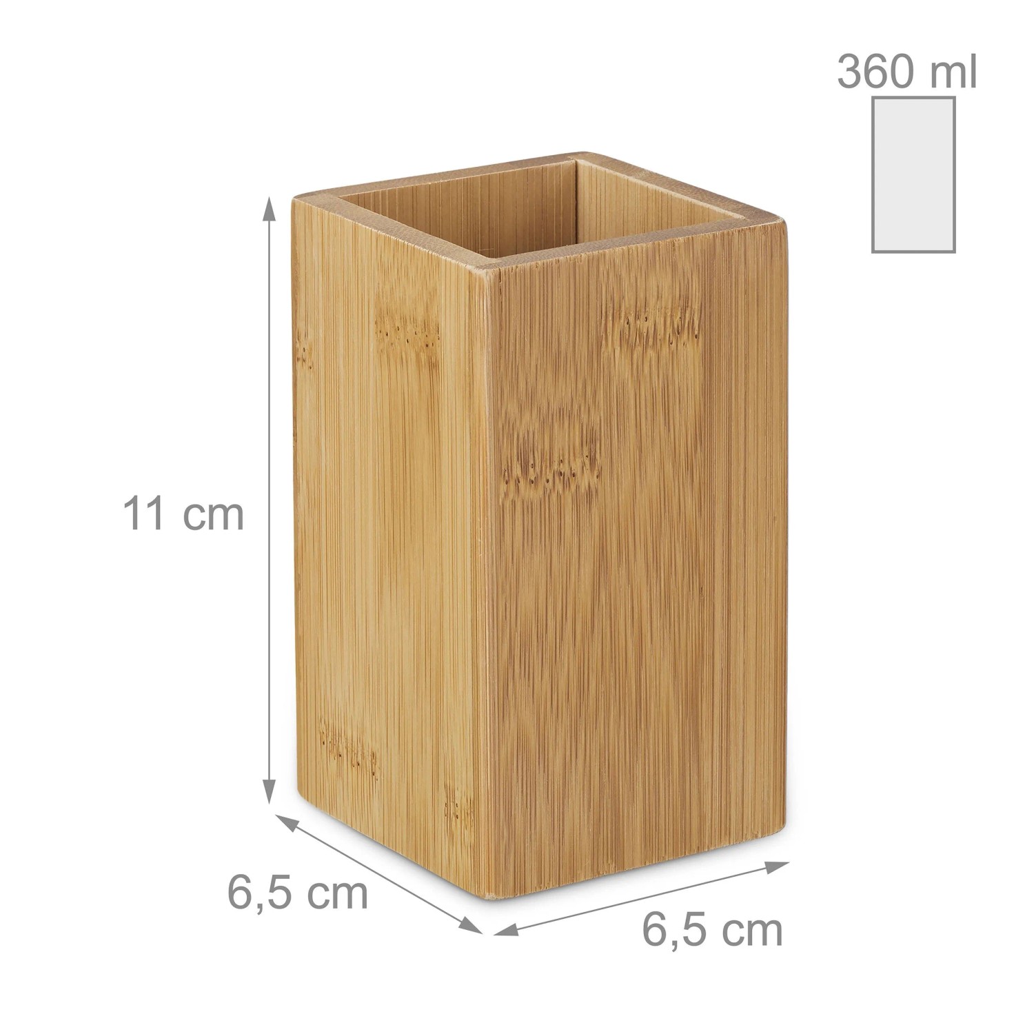 Quadratischer Zahnputzbecher aus Bambus, naturfarben, 11 cm hoch.