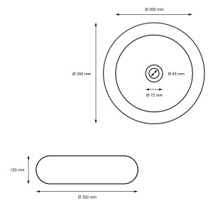 Technische Zeichnung: ML-Design Waschbecken, Keramik, Schwarz Matt, 35x12 cm, runde Form, inklusive Ablaufgarnitur.