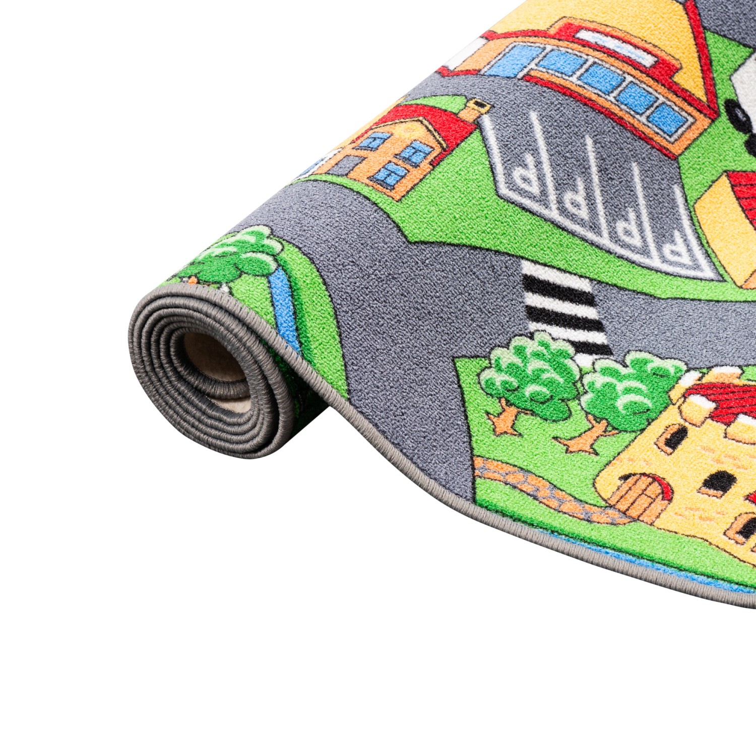 Bunter Kinder Spielteppich Little Village 160x240cm mit Straßen und Häusern, gerollt.