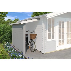 Lasita Schleppdach mit Seitenwand, 90x240 cm, lichtgrau, an Gartenhaus mit Fahrrad gelehnt.