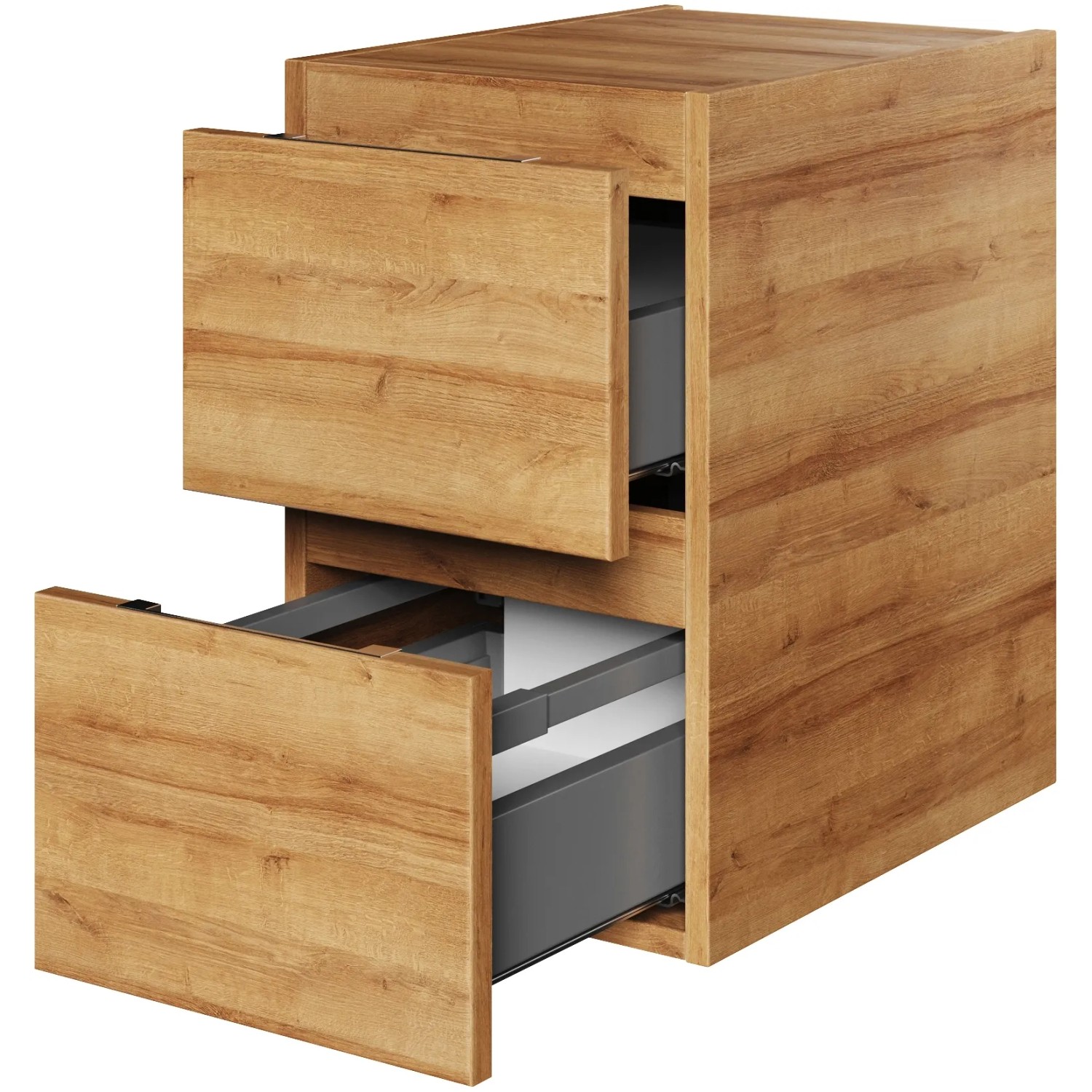 Pelipal Waschbeckenunterschrank Serie 4035 in Riviera Eiche, 30 cm breit, mit zwei offenen Schubladen.