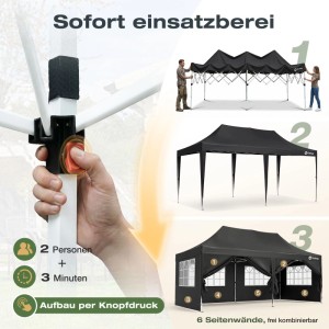 Sekey Faltpavillon 3x6 m mit 4 Seitenteilen und 2 Eingängen Wasserdicht UV Schutz 50