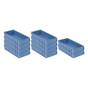 SparSet: 10 blaue Regalkästen (7,8L) mit Etikett und Schutzhaube. Ideal für Werkstatt & Lager.