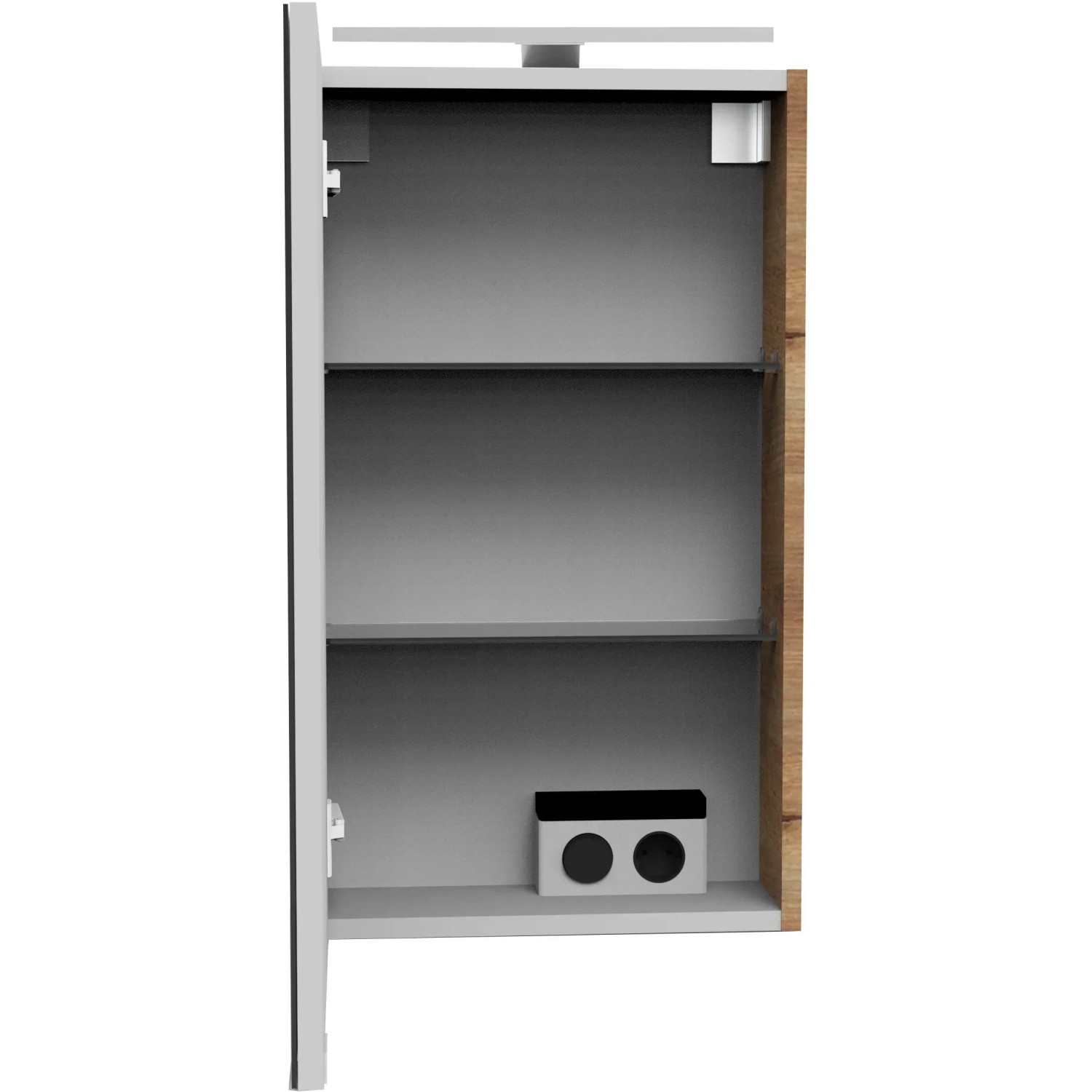 Offener Fackelmann Spiegelschrank SBC Asteiche 40 cm mit zwei Einlegeböden.