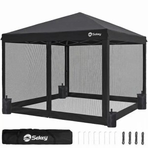 Schwarzer Sekey Faltpavillon 3x3 m mit Moskitonetz, Sandsäcken. Wasserdichter, höhenverstellbarer Pop-Up Pavillon für Garten.