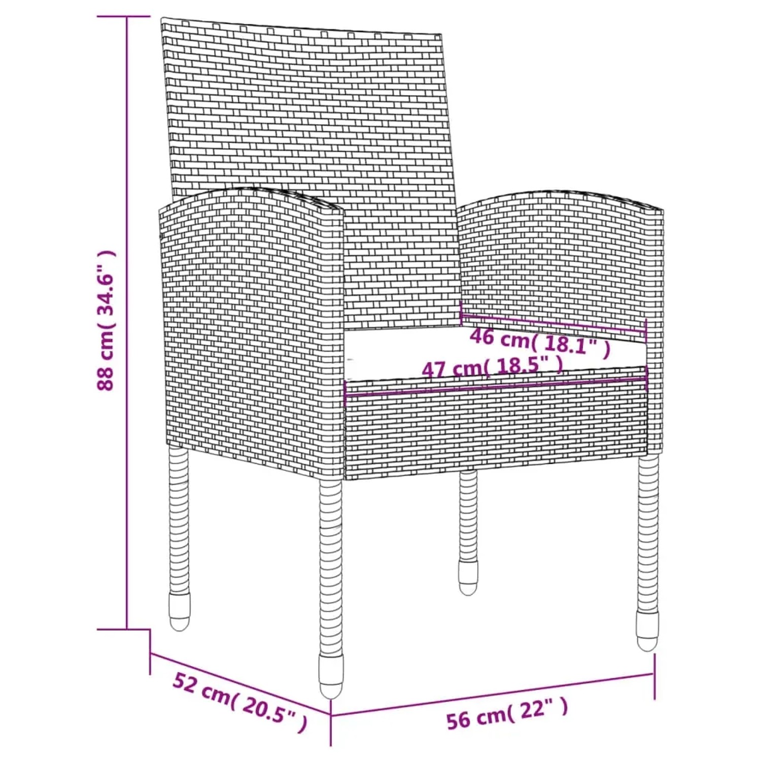 vidaXL Garten-Essgruppe, 5-teilig, schwarz, Poly Rattan, Stahl, Abmessungen