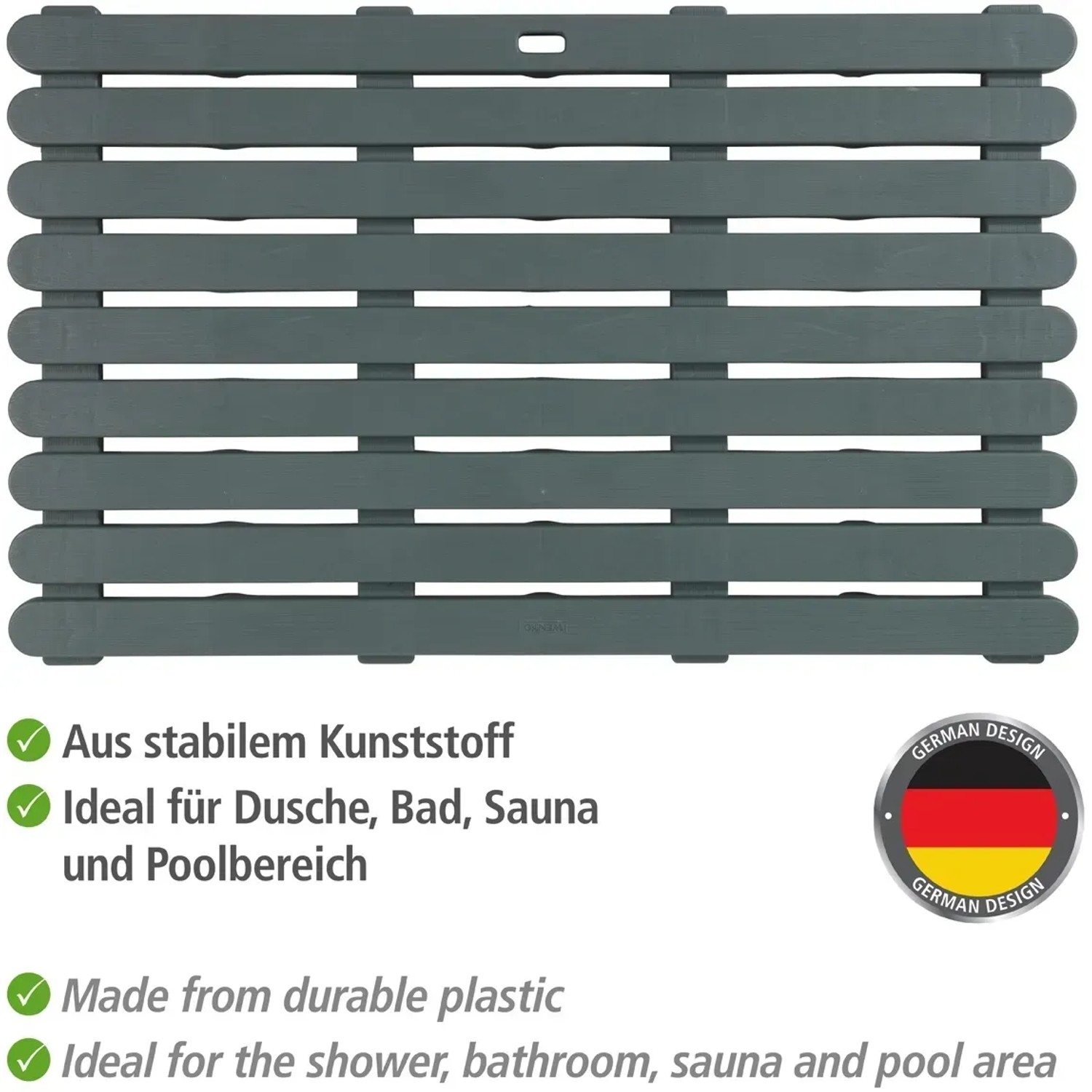 Graue Wenko Badematte Indoor & Outdoor, 50x80 cm, aus Kunststoff mit rutschhemmender Struktur.