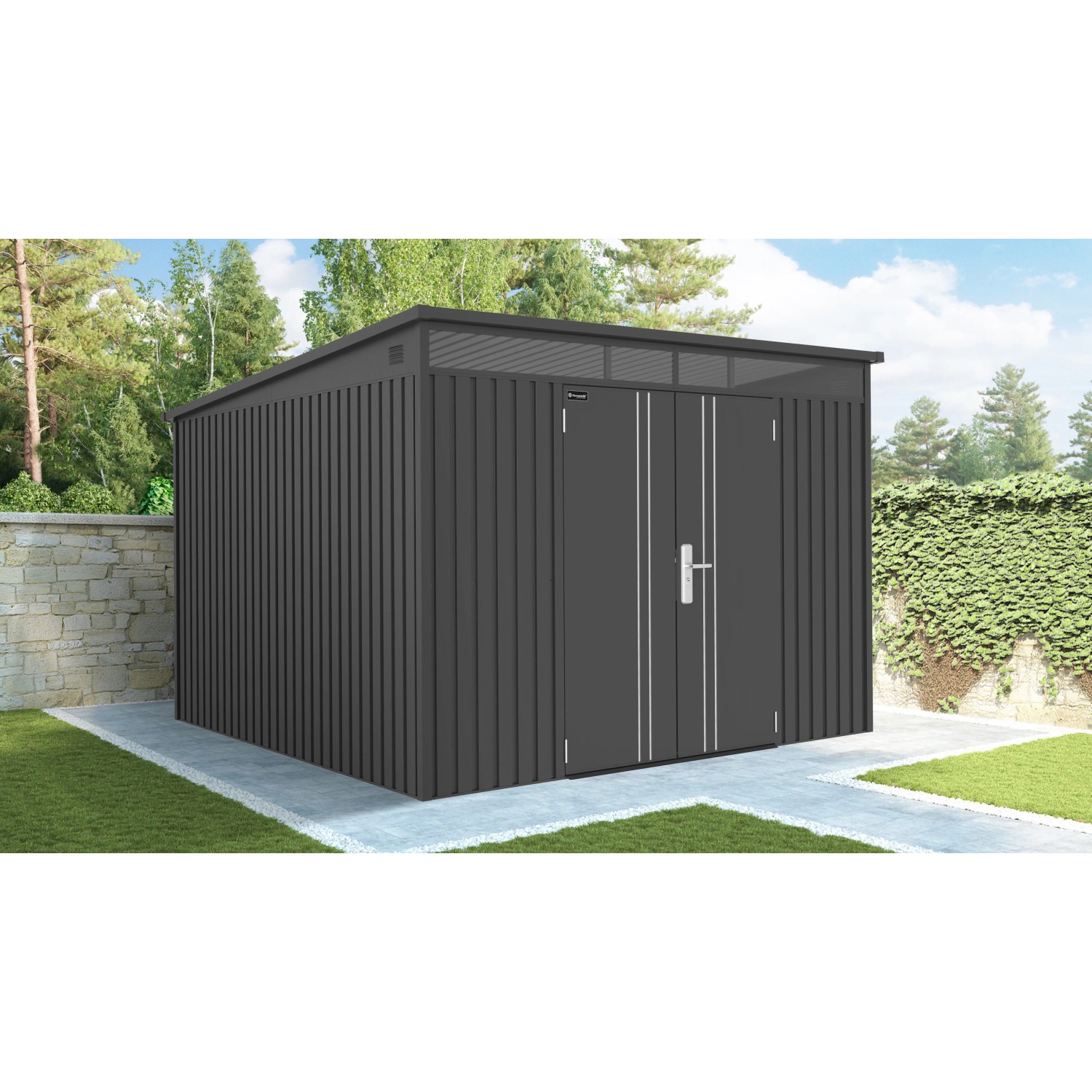 Modernes Gerätehaus Firstline aus Metall in Anthrazit mit Pultdach und Doppeltür, 7,5 m².