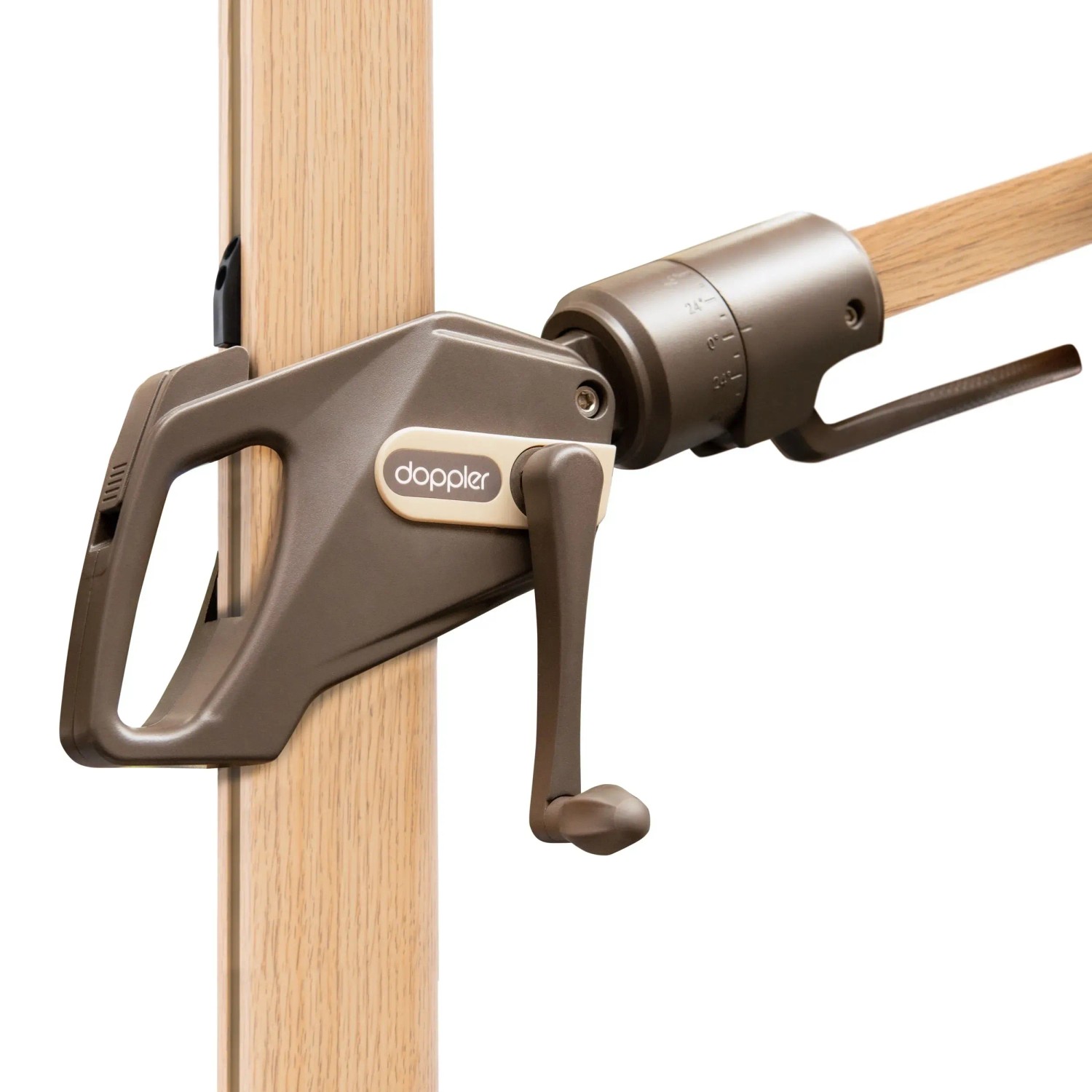 Detailaufnahme: Kurbelmechanik des Doppler Alu Wood Ampelschirm 300x220 cm in Natur.