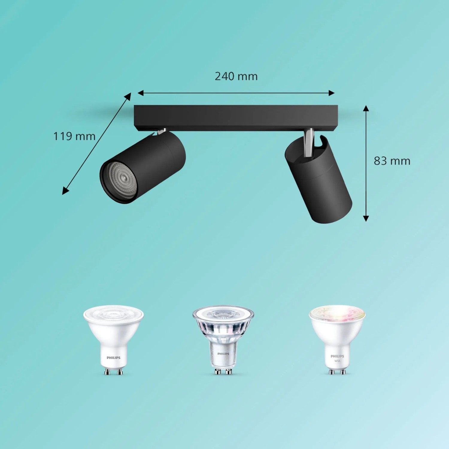 Schwarzer Philips Spot Idris, 2-flammig, GU10, IP44, mit Maßen. Flexible, moderne Badbeleuchtung.