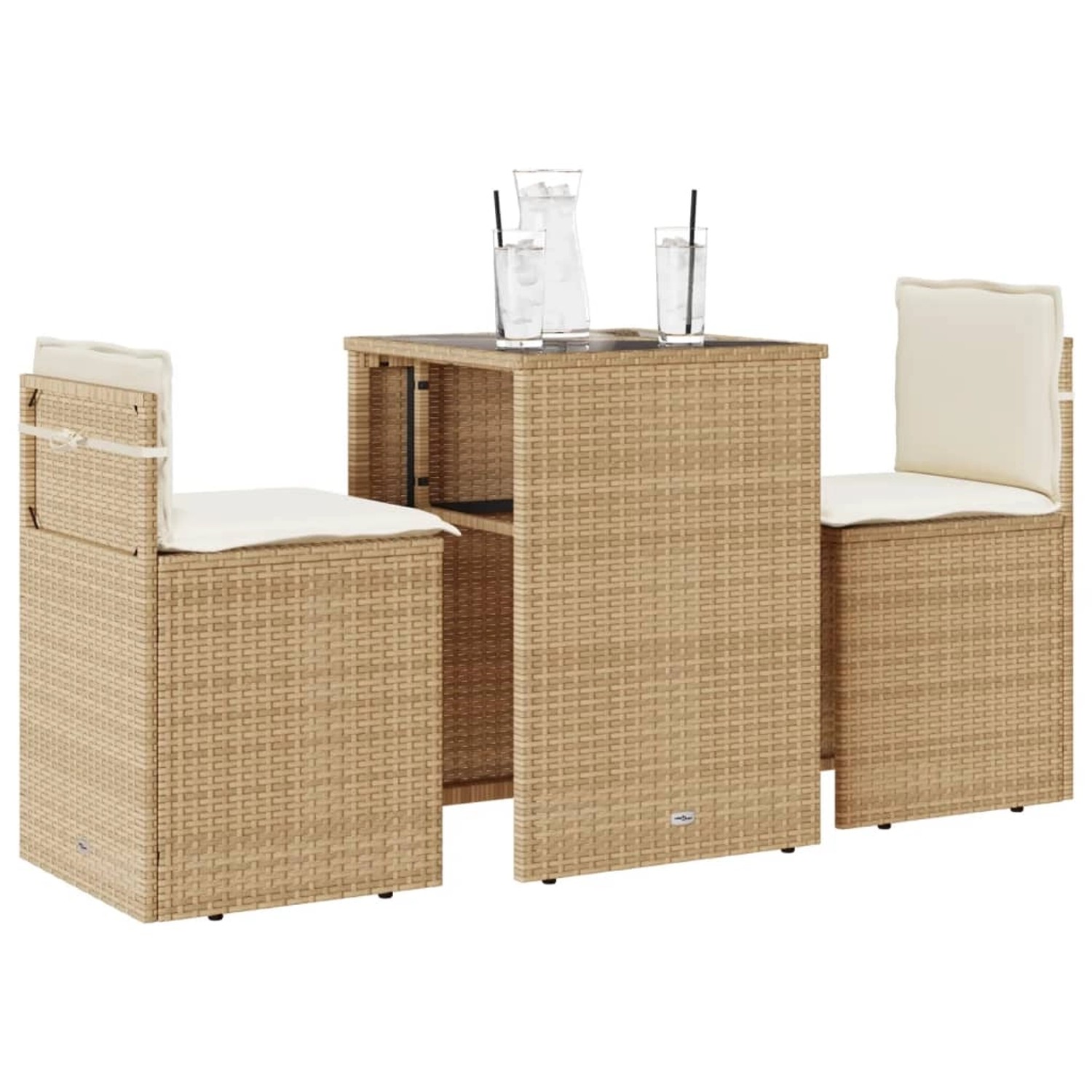 Beiges 3-tlg. vidaXL Bistro-Set aus Polyrattan mit Tisch, 2 Stühlen und cremeweißen Kissen.