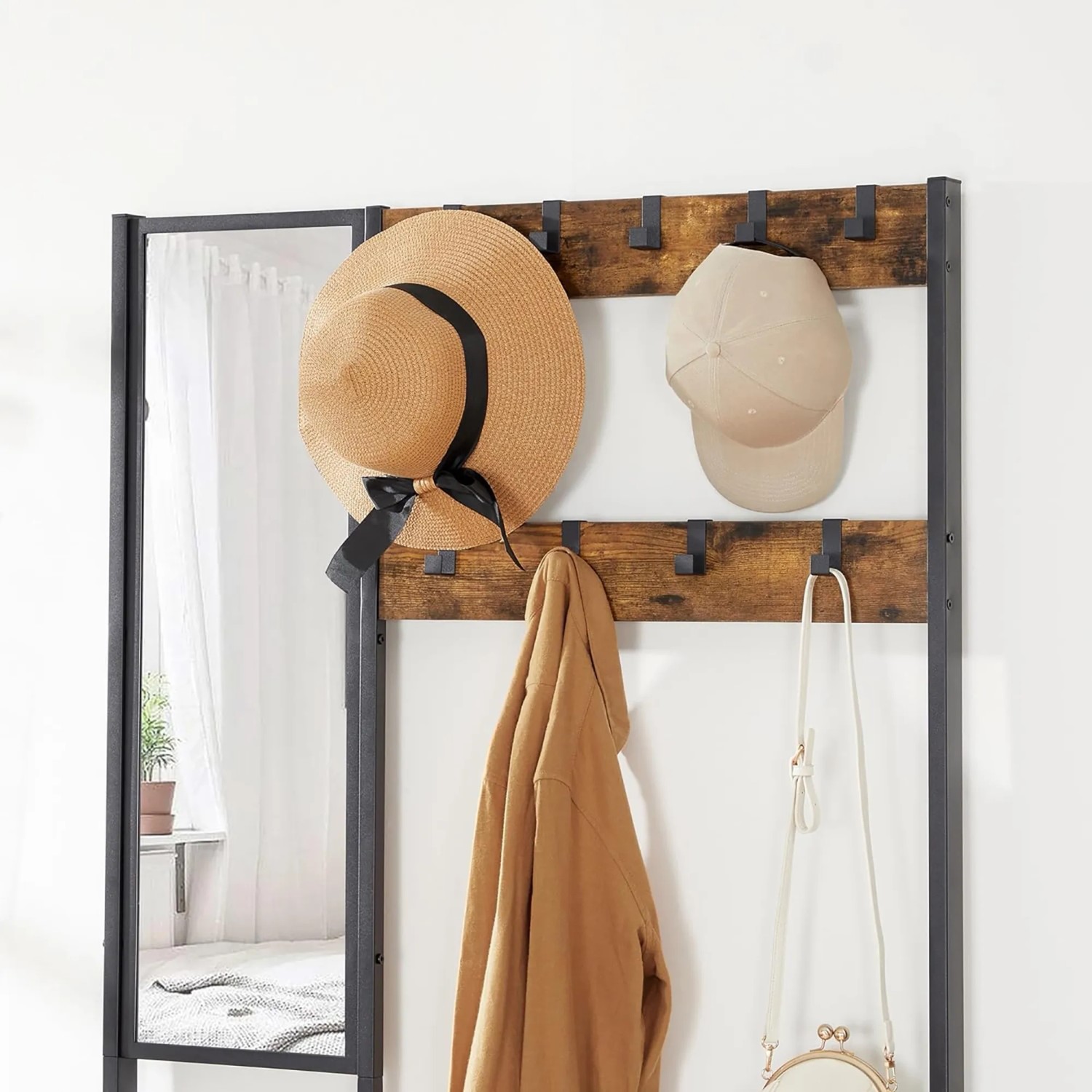 Songmics Garderobe mit Spiegel, braun-schwarz, mit Haken, Hut und Jacke.