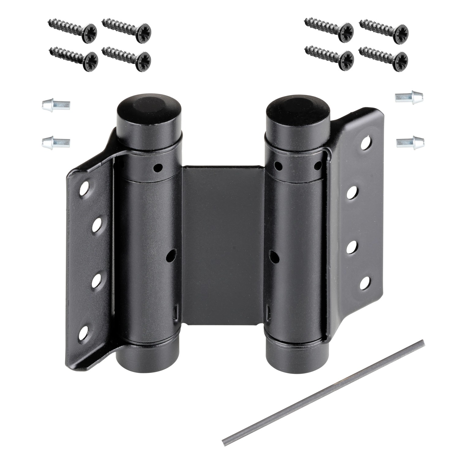 Hettich Pendeltürscharnier, schwarz lackiert, aus Stahl mit Schrauben und Stift für Möbelausstattung.
