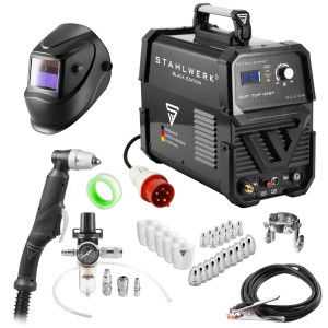 STAHLWERK Plasmaschneider CUT 70 P mit Zubehör: Schweißhelm, Schlauchpaket, Düsen, Elektroden, Massekabel.