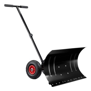 Schwarzer Wiltec Schneeschieber mit Rädern, robuster Stahlklinge und ergonomischem PVC-Griff. Einstellbarer Winkel für effiziente Schneeräumung.