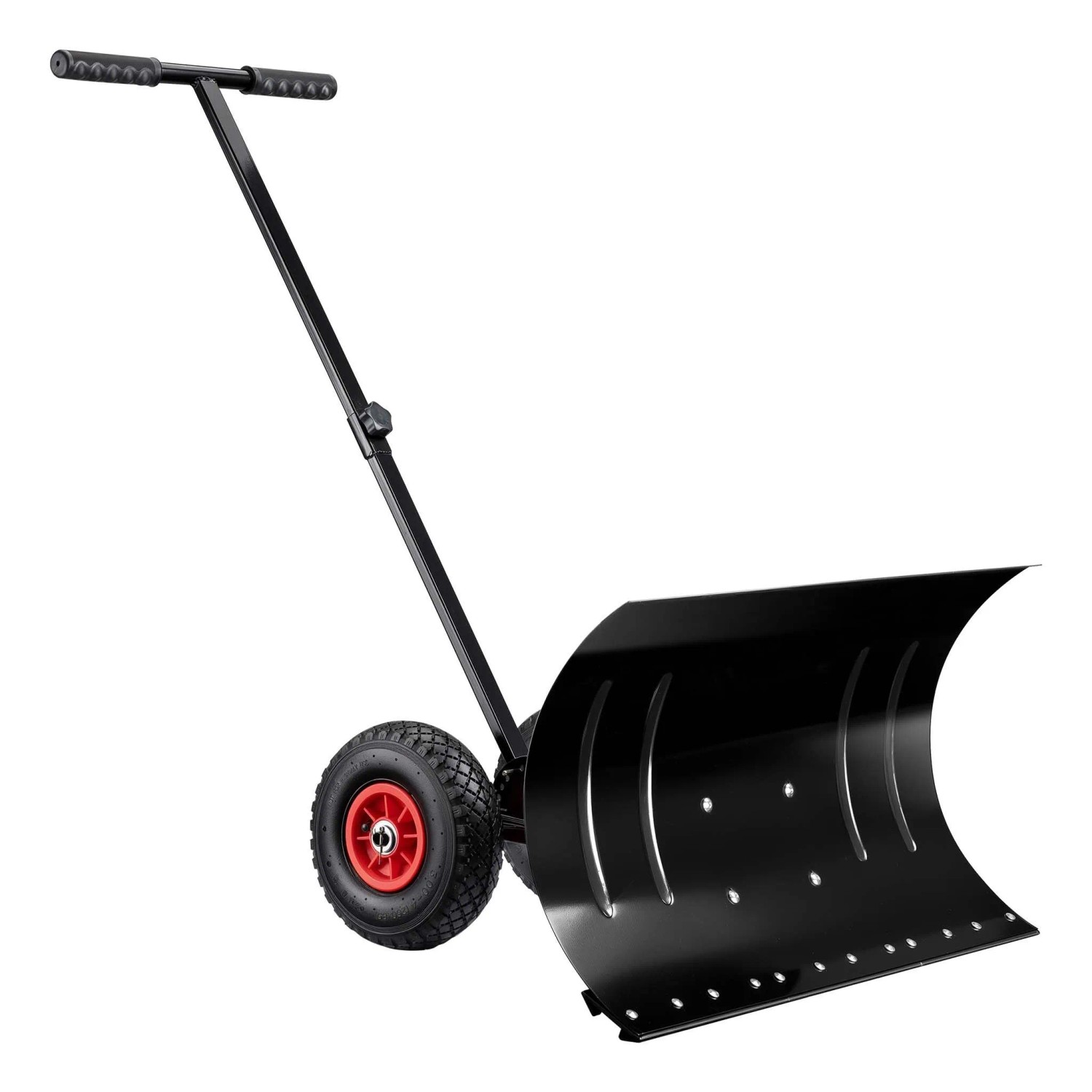 Schwarzer Wiltec Schneeschieber mit Rädern, robuster Stahlklinge und ergonomischem PVC-Griff. Einstellbarer Winkel für effiziente Schneeräumung.
