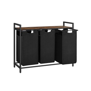 Vasagle Wäschesammler mit 3 Fächern (114L) und Ablage in Braun-Schwarz. Praktischer Wäschekorb für Bad oder Waschküche.