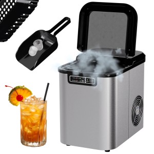 TroniTechnik Eiswürfelmaschine aus Edelstahl in Silber mit Eiswürfeln und Cocktail.