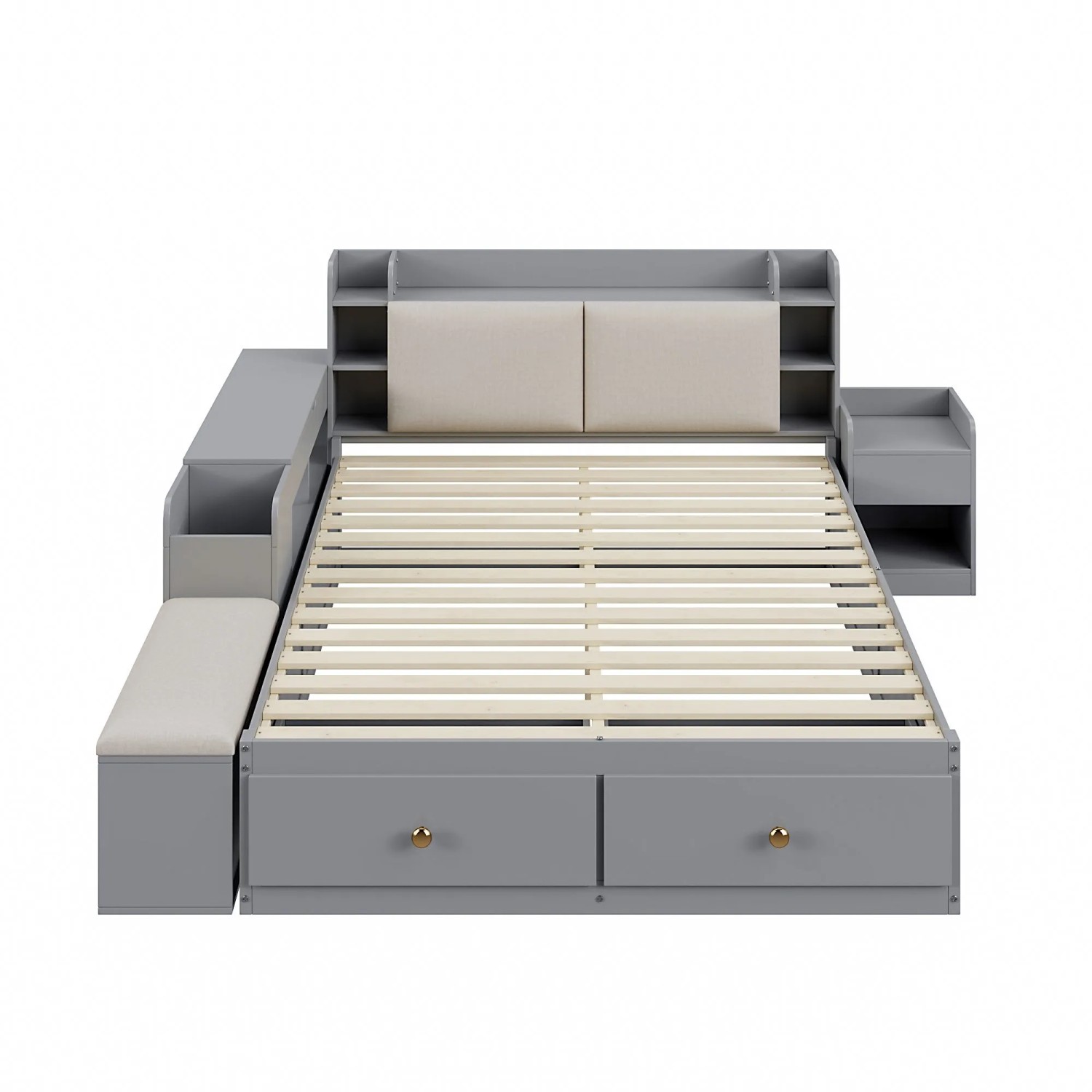 KOMHTOM Massivholz-Kombi-Bett Doppelbett 140x201Cm Mit Schubladen Nachttisch Stauraum-Langschrank Sofabank Stauraumbett Grau Ohne Matratze