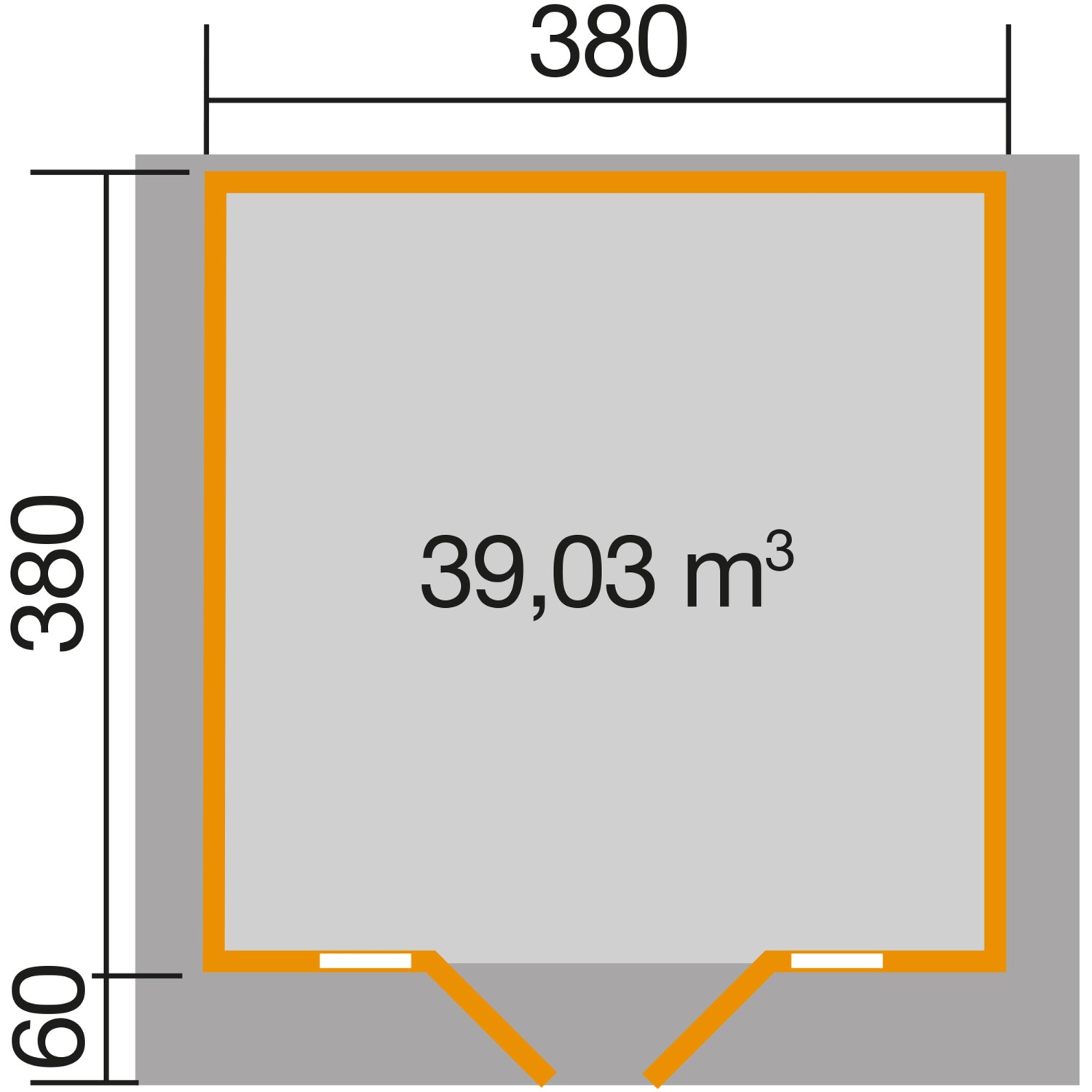 Grundriss Weka Weekendhaus 137 Gr.2, 380x380 cm, mit Maßangaben.