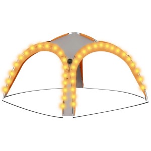 Grau-oranges Partyzelt mit LED-Beleuchtung und Seitenwänden, ideal für Gartenpartys und Camping.