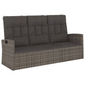 Graue VidaXL Gartenbank mit Liegefunktion und Kissen aus Poly Rattan, 173 cm breit.