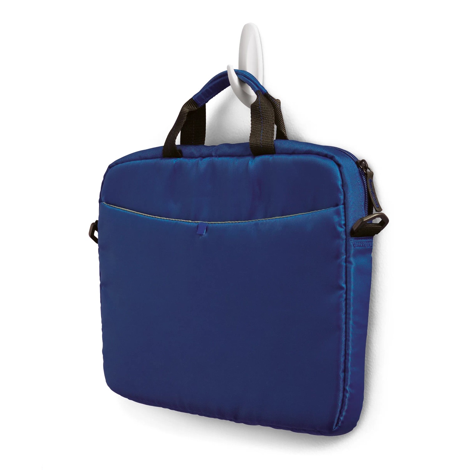Blauer Laptop Tasche hängt an Command Designer Klebehaken, 6er Set.