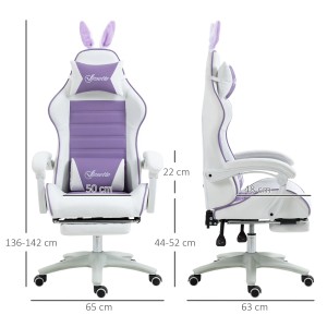 Vinsetto Gaming Stuhl in Violett/Weiß mit Hasenohren und ausziehbarer Fußstütze, seitliche und frontale Ansicht.