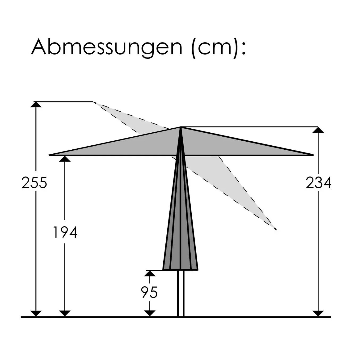 Skizze: Schneider Balkonschirm Ø 270 cm, Maße und Knickfunktion dargestellt.