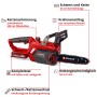 Einhell Akku-Kettensäge GE-LC 18 Li Kit mit Akku und Ladegerät. Rote Kettensäge mit Schwert und Kette.