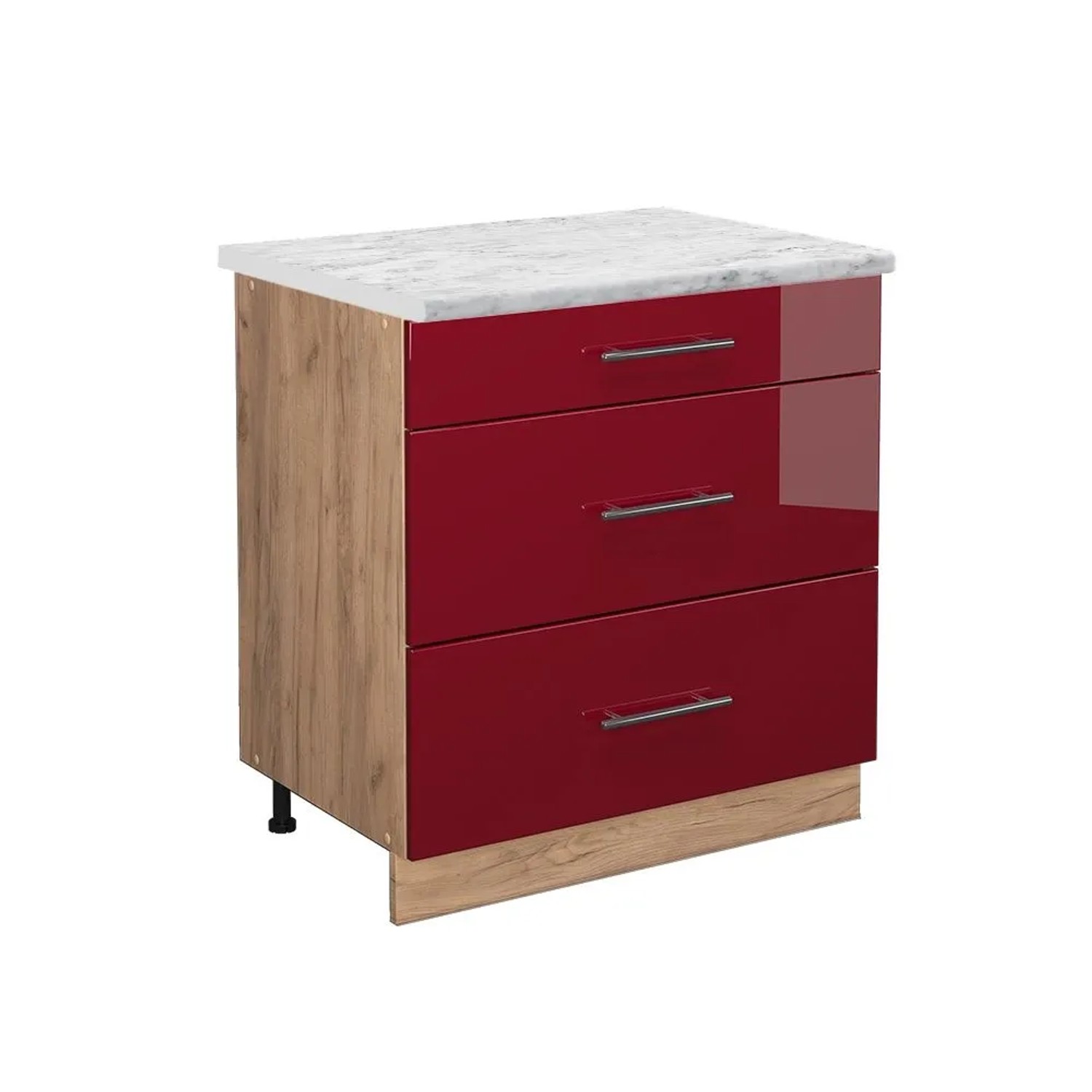 Vicco Küchenunterschrank Fame-Line Bordeaux Hochglanz Goldkraft Eiche 80 cm mit 3 Schubladen AP Marmor