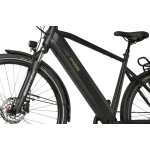 Schwarzes Prophete Trekking E-Bike Entdecker 2.0 mit Diamantrahmen und Hinterradmotor.