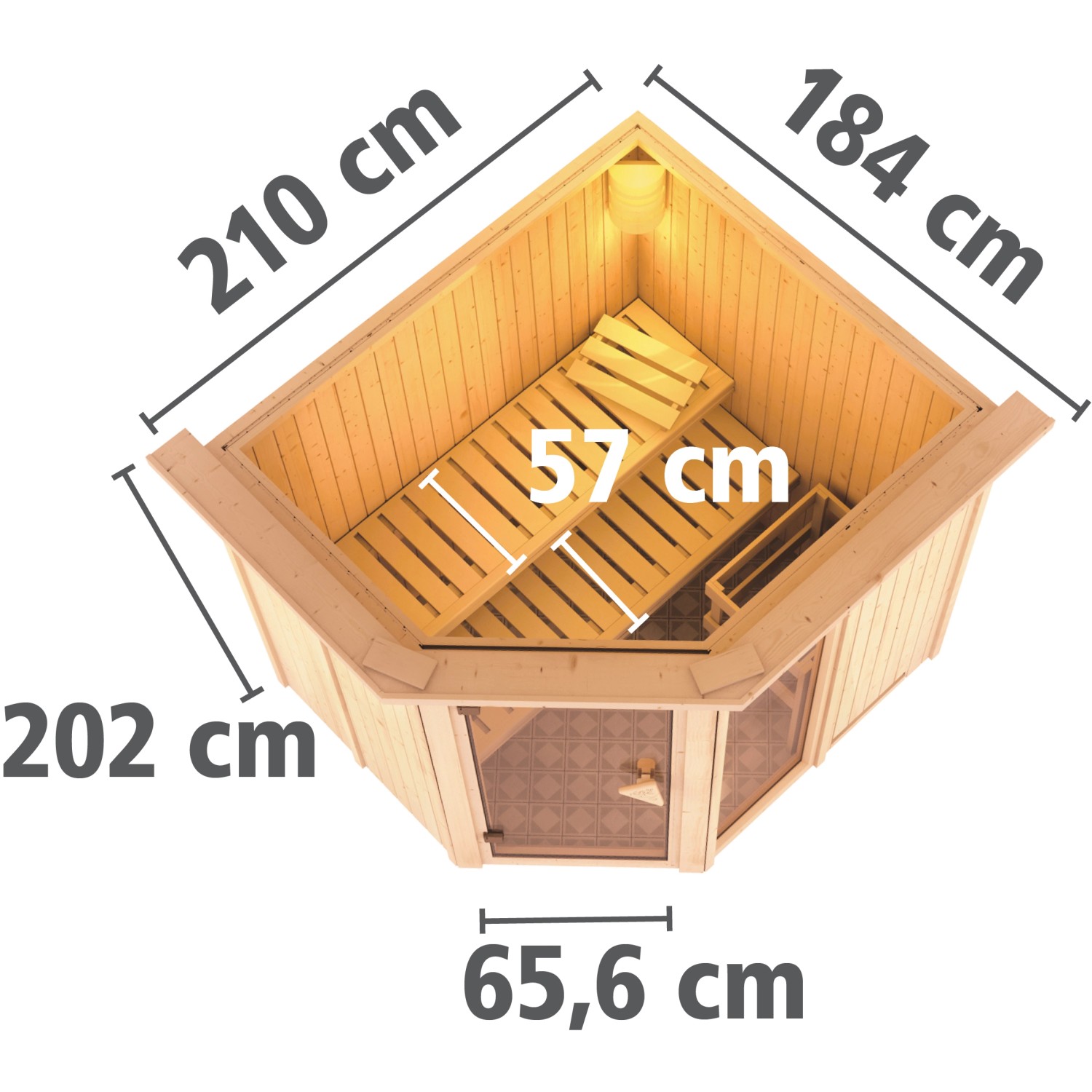 Karibu Sauna Freyja 2 mit Ofen, naturbelassene Holz-Elementsauna mit Maßen.