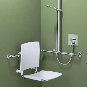 Delabie DUHA Duschhandlauf mit verschiebbarer Brausestange Ø32 mm Edelstahl Seidenglanz.
