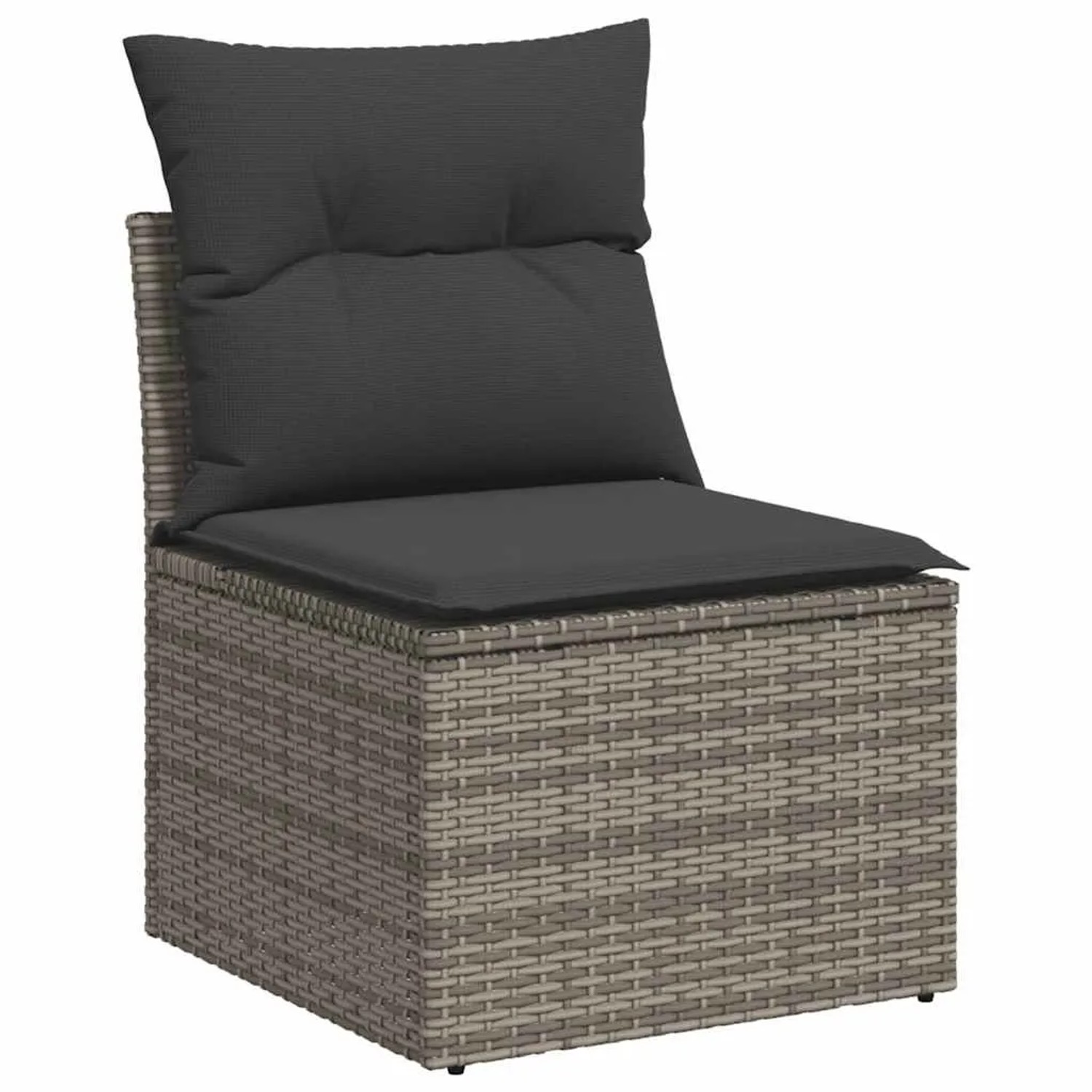Graues vidaXL Gartensofa aus Polyrattan mit Kissen. Modulares Gartenmöbel mit Stauraum.