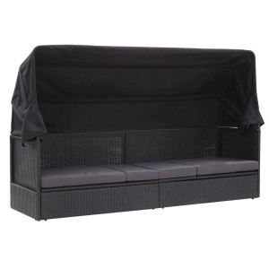 Schwarzes Outdoor-Sofabett mit Dach aus Polyrattan von vidaXL. Sonnenliege mit grauen Kissen.
