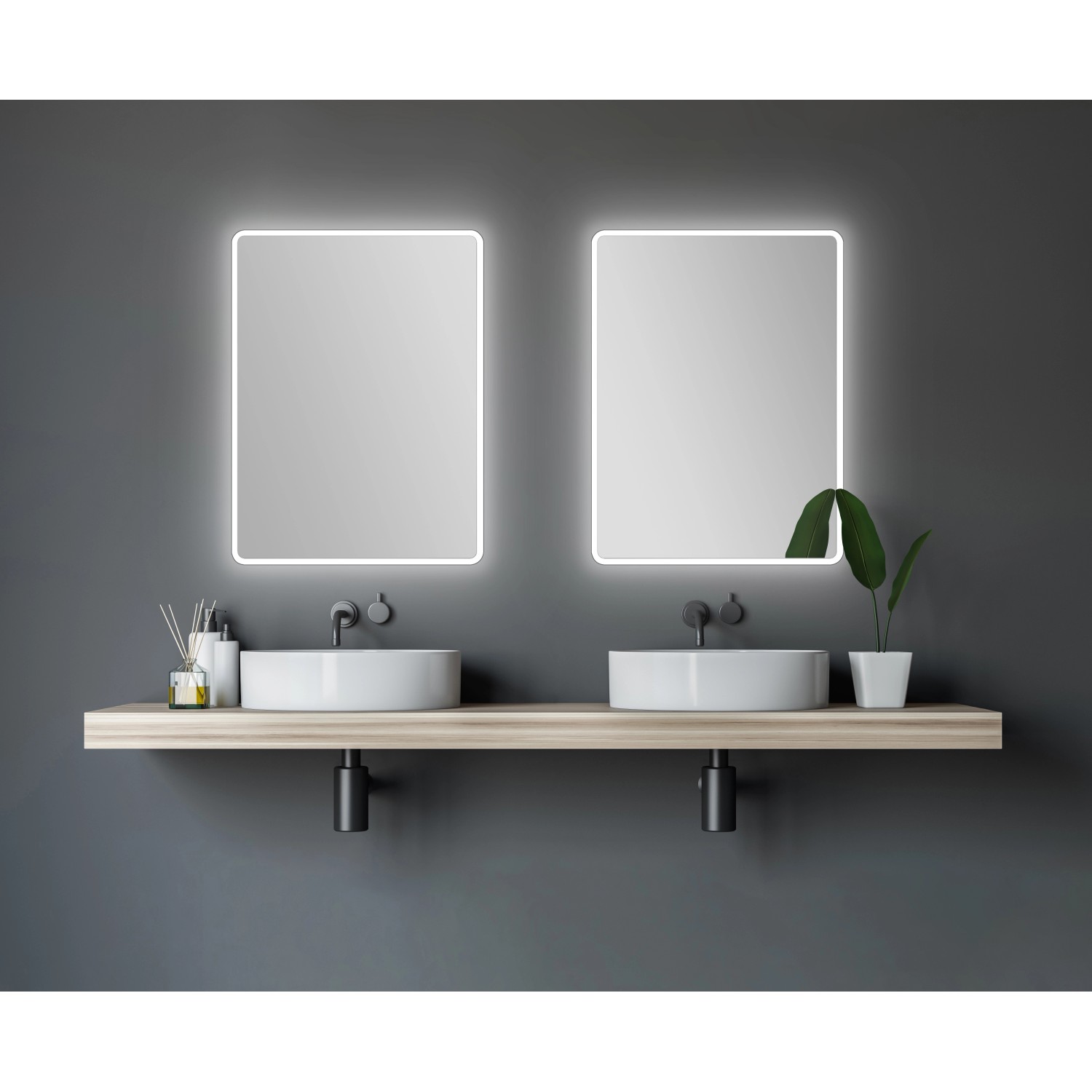 DSK Design LED-Lichtspiegel Silver Rio, 80x60 cm, mit umlaufender Beleuchtung im modernen Badezimmer.