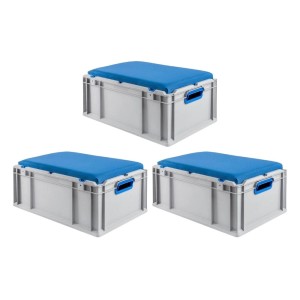 Sparset: 3 blaue Euroboxen NextGen Seat Box, 44 Liter, mit Griffen. Ideal als Sitz- und Transportbox.