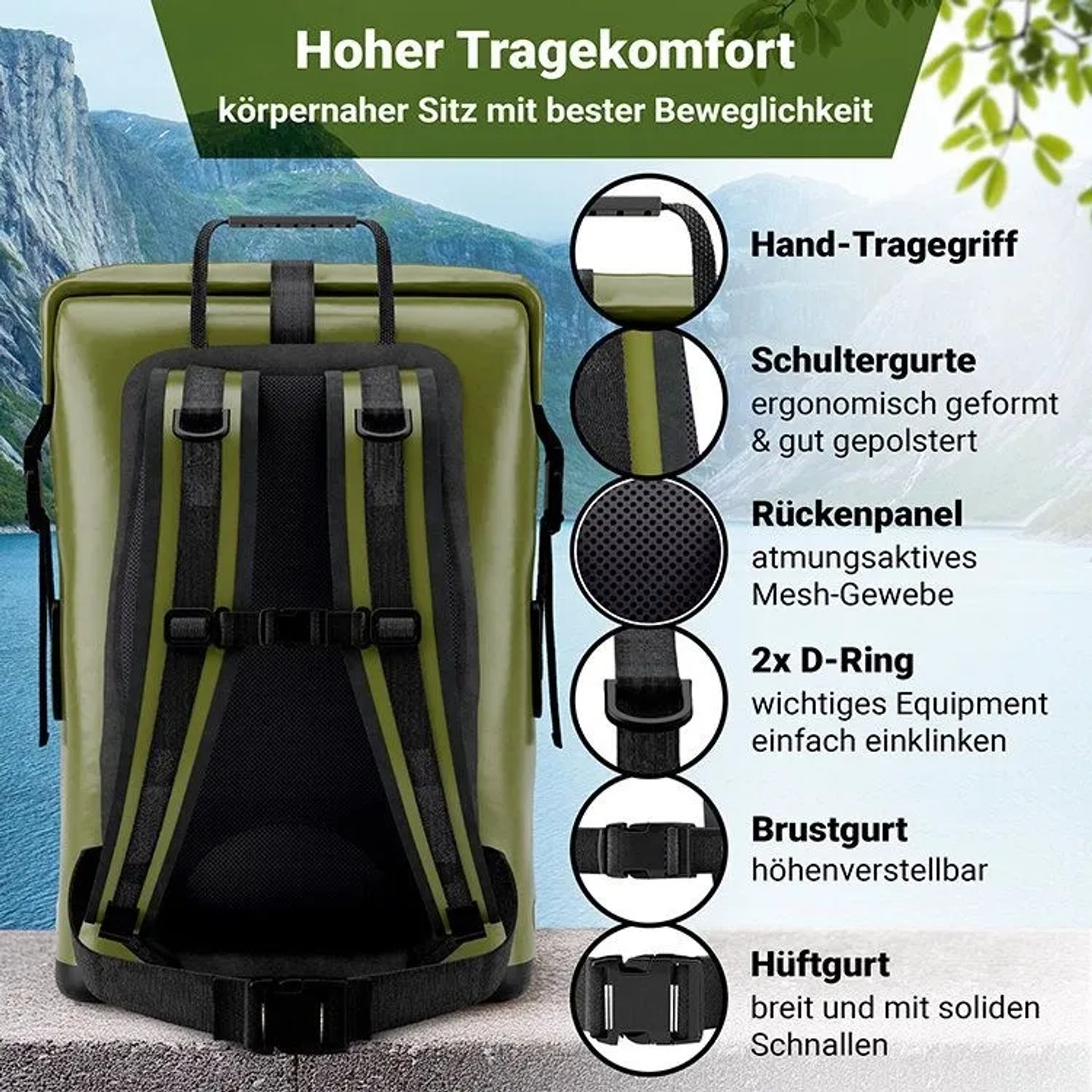 SCANDIC NATURE Rucksack Pioneer 35L oliv, Rückseite. Gepolsterte Gurte, atmungsaktives Rückenpanel, Brust- & Hüftgurt für Tragekomfort. Outdoor Rucksack.