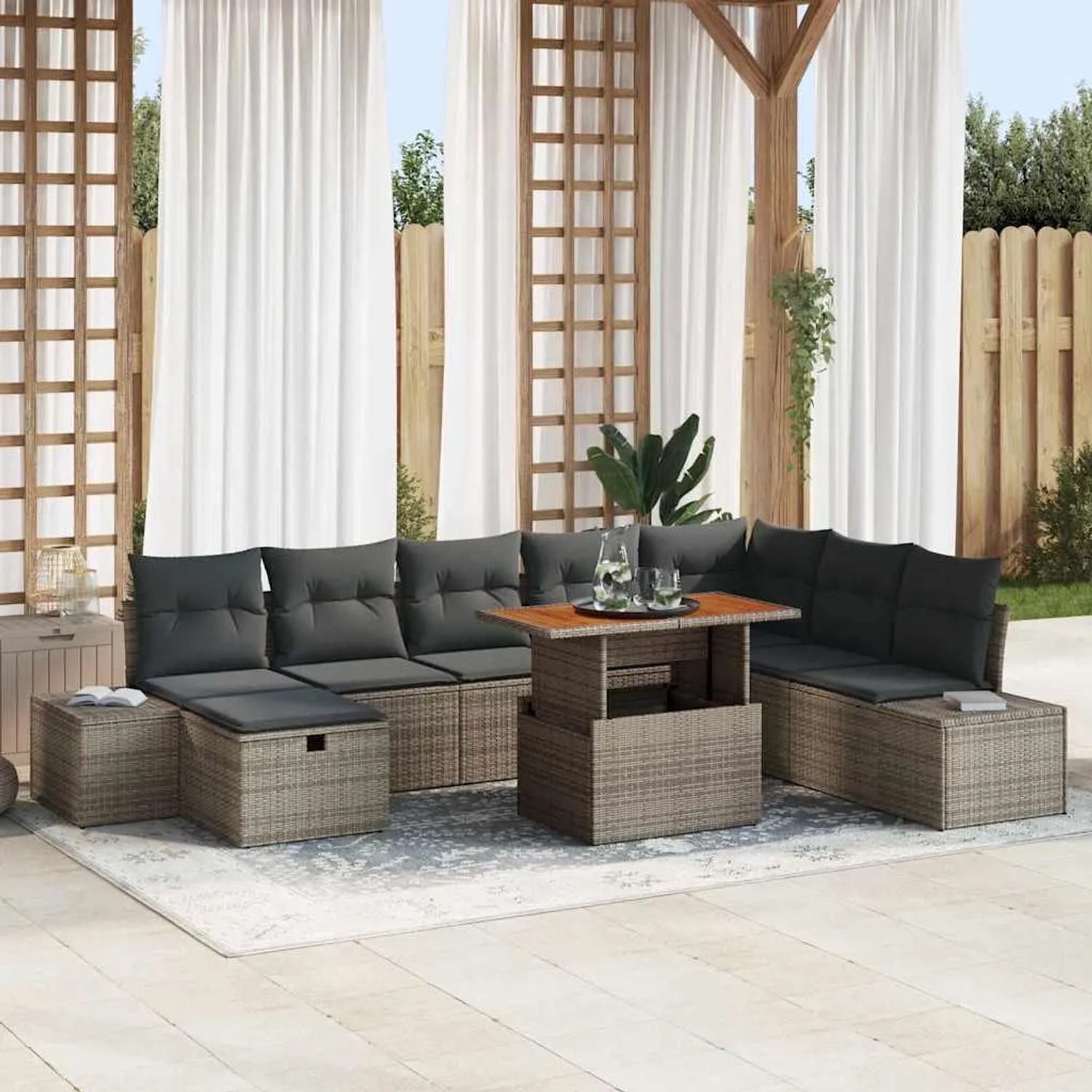 Graues 9-teiliges vidaXL Garten-Sofa-Set aus Poly Rattan mit Kissen und Stauraum.
