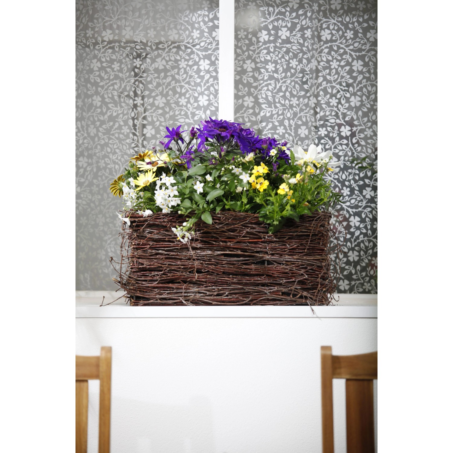 Kapkörbchen Busch im Topf (Ø 14cm) mit bunten Blüten im Weidenkorb.