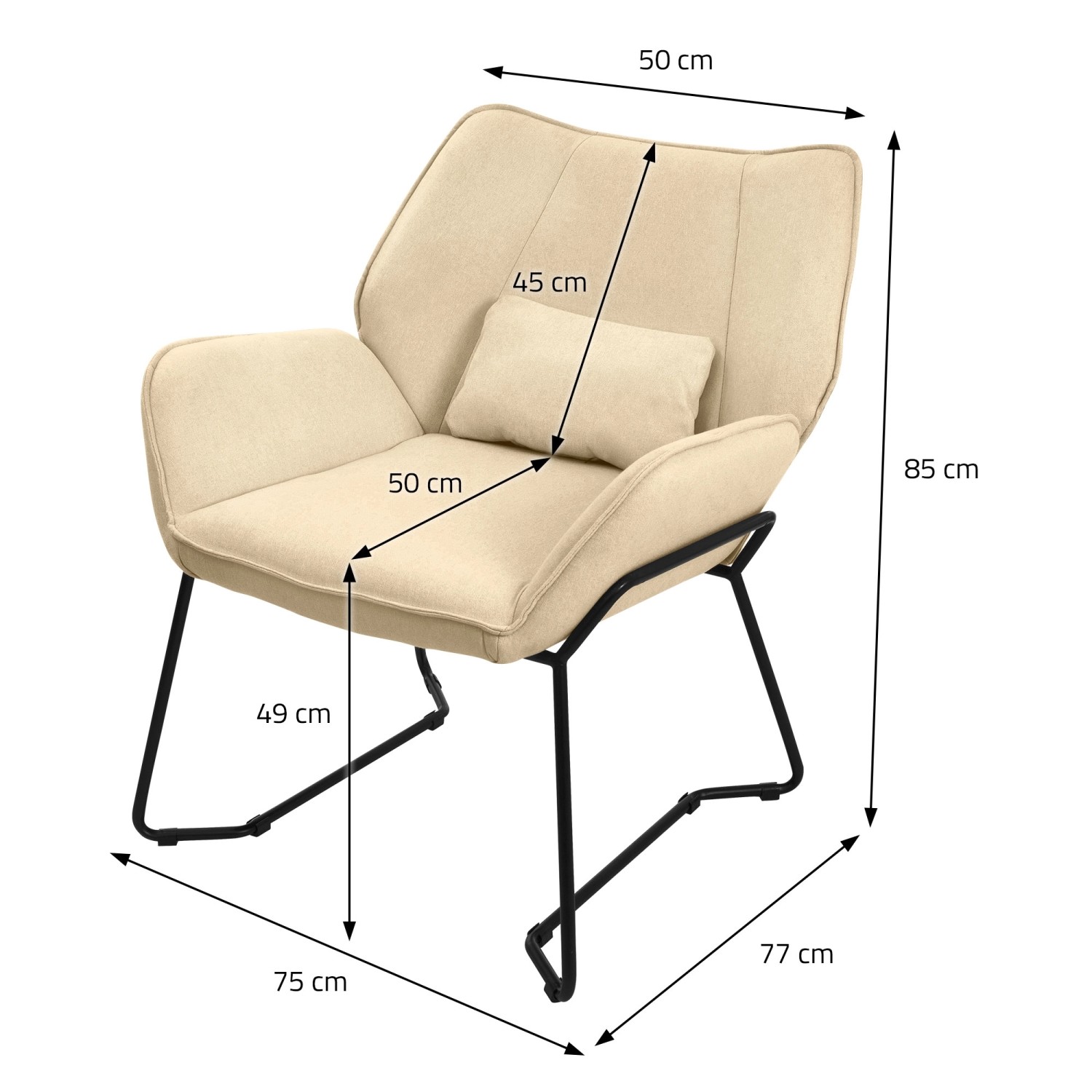 ML-Design Loungesessel Sand mit Leinenbezug, Relaxsessel mit Armlehne und Kissen auf schwarzem Stahlgestell.