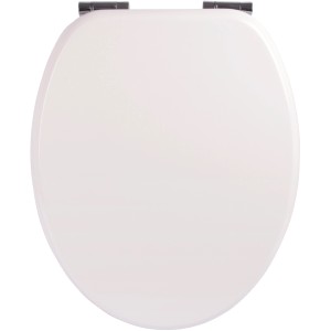 Weißer WC-Sitz Venezia aus Holz mit Absenkautomatik und Chrom-Scharnieren.