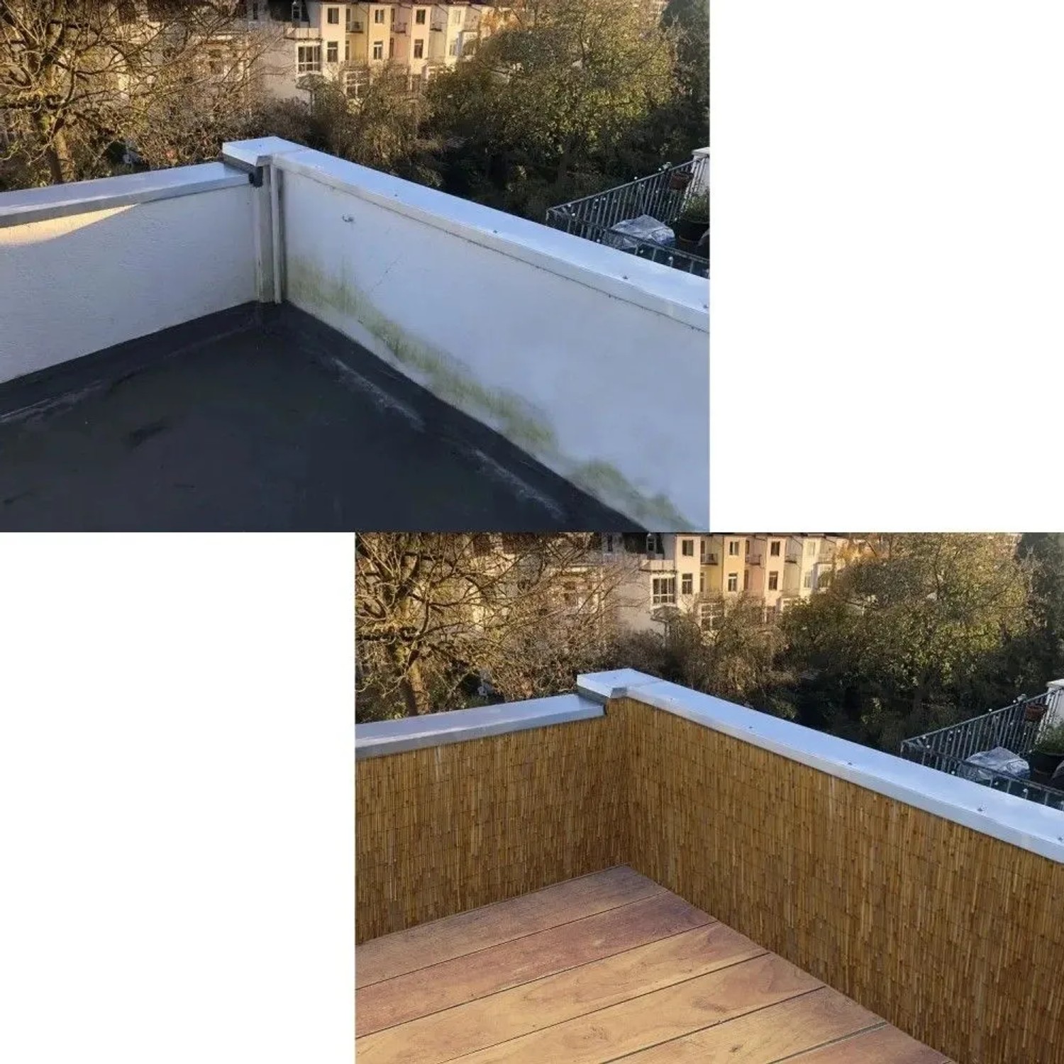 Vorher-Nachher: Balkon mit urfence Schilf Sichtschutz. Verwandelt Balkon in gemütliche Terrasse. Ideal für Zaunbau.